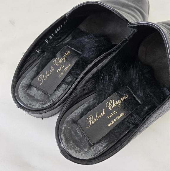Robert Clergerie Alice Croc  Embossed Leather Fur Lined Mules Flats Size 38 - Picture 6 of 16